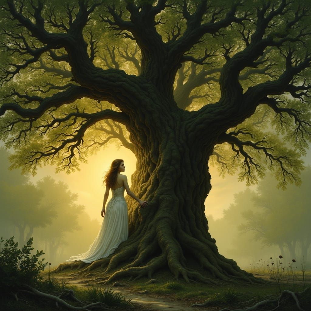 Dryad Emerges in Ancient Oak Forest