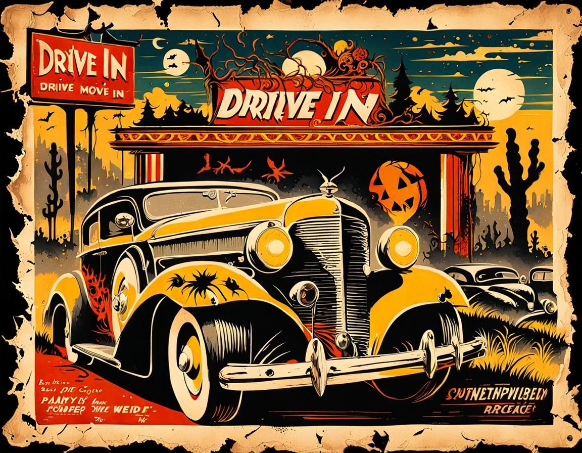 Vintage 1930s Drive-in Movie Poster with Gothic Motifs