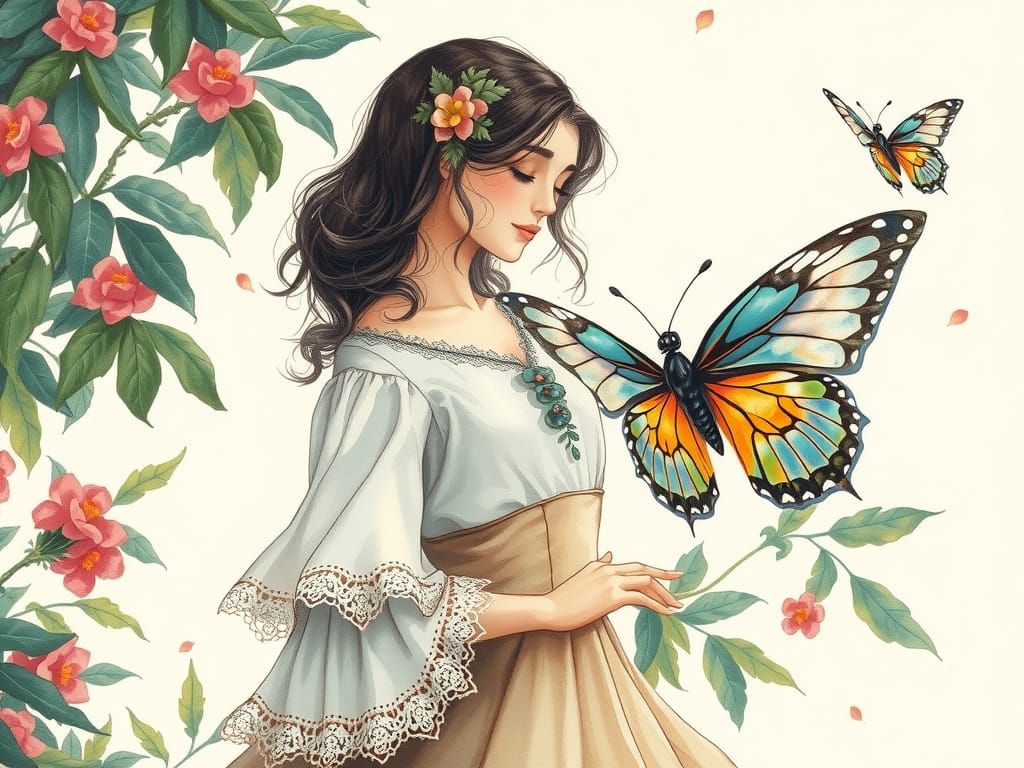 Whimsical Monochromatic Lady and Butterfly Dance in Dreamy G...