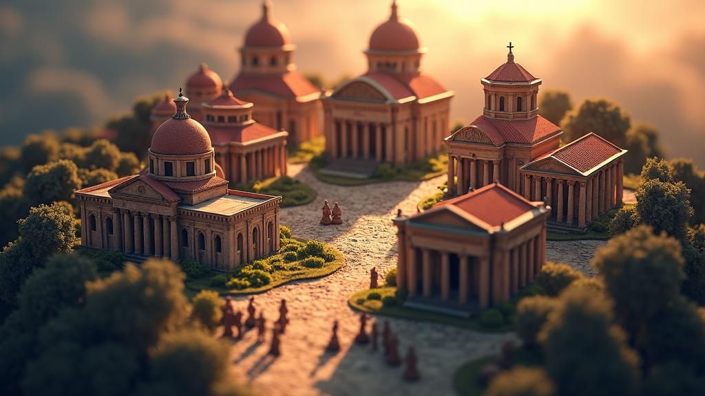 Isometric View of Seven Ancient Churches in Tilt-Shift