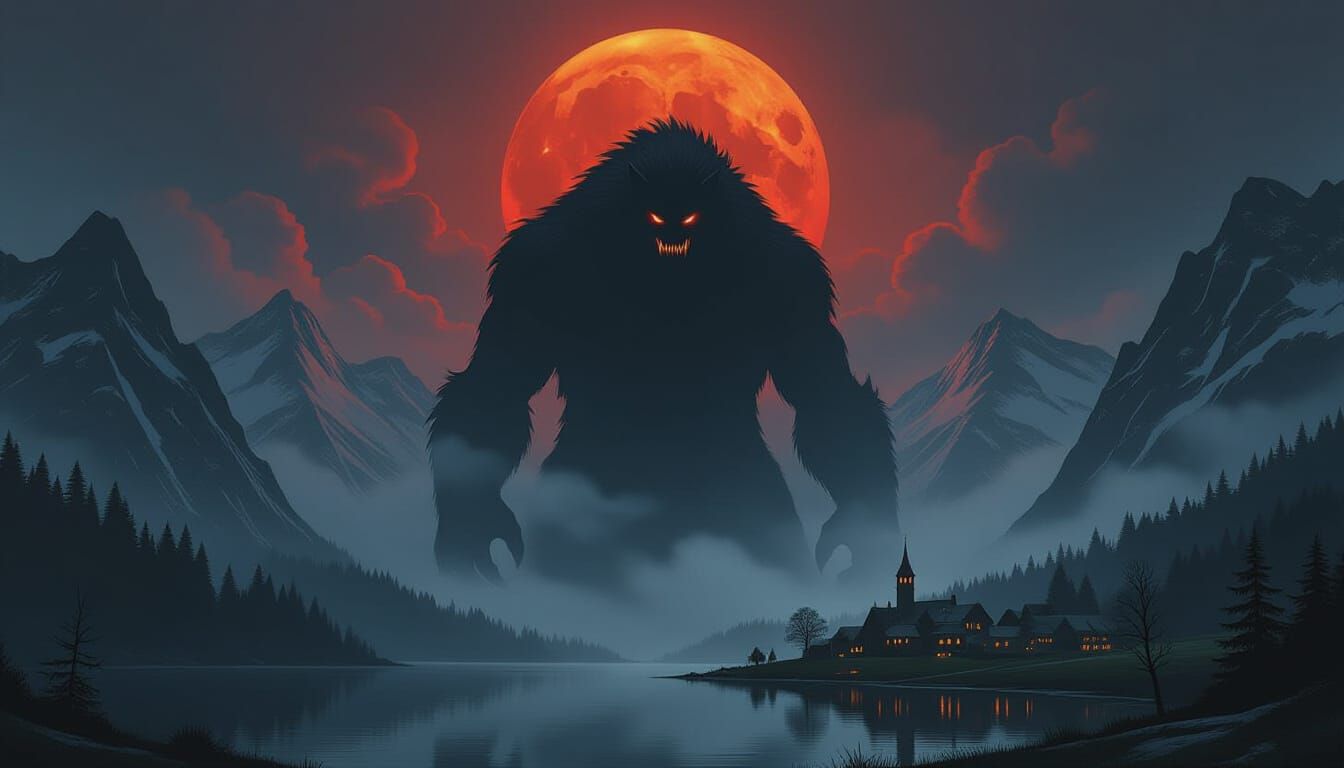 Gothic Beast Under Blood Moon Over Village