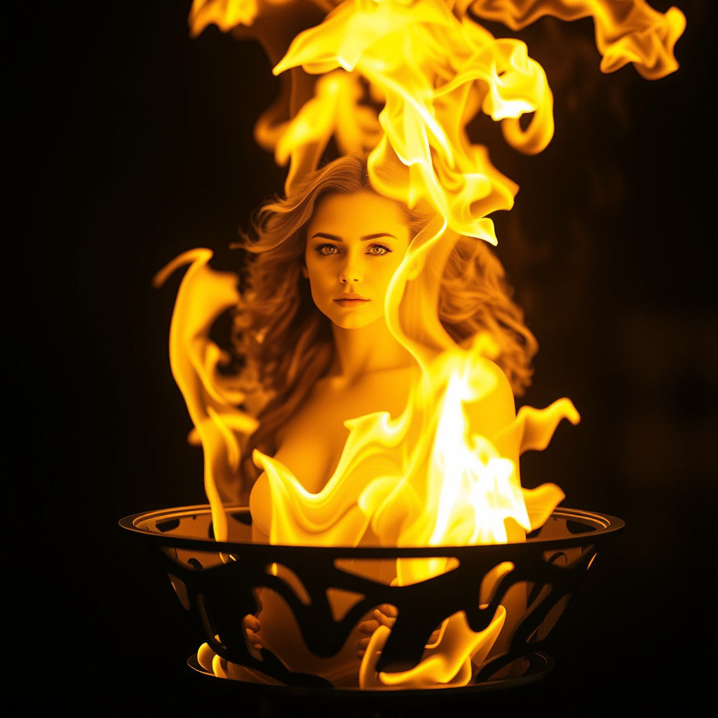 Ethereal Woman Emerges from Swirling Flames