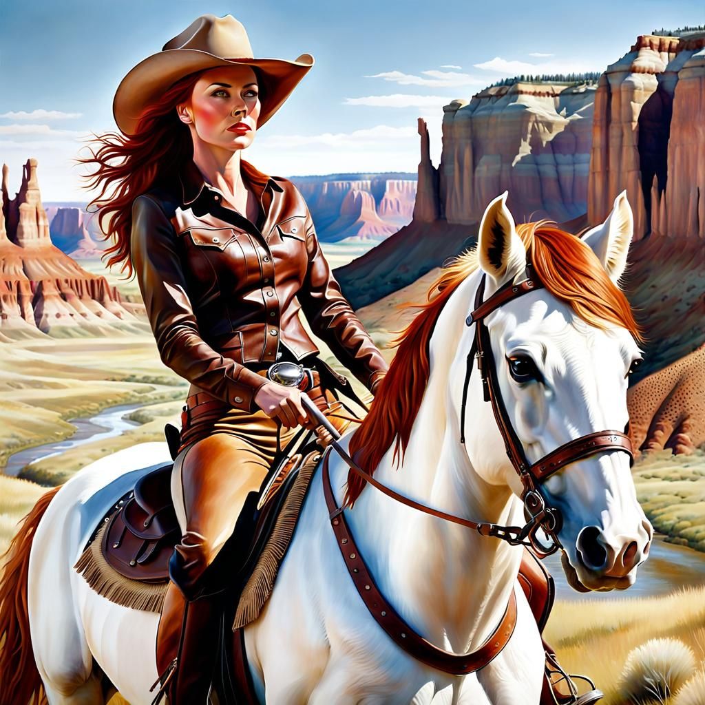 Cowgirl Rides White Horse Through Badlands
