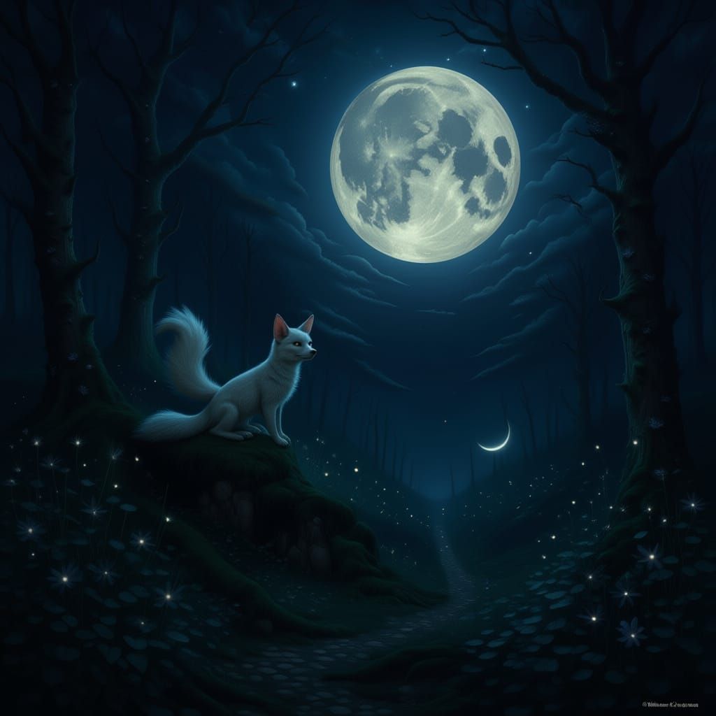 Mystical Fox Gazes at Moonlit Forest Scene