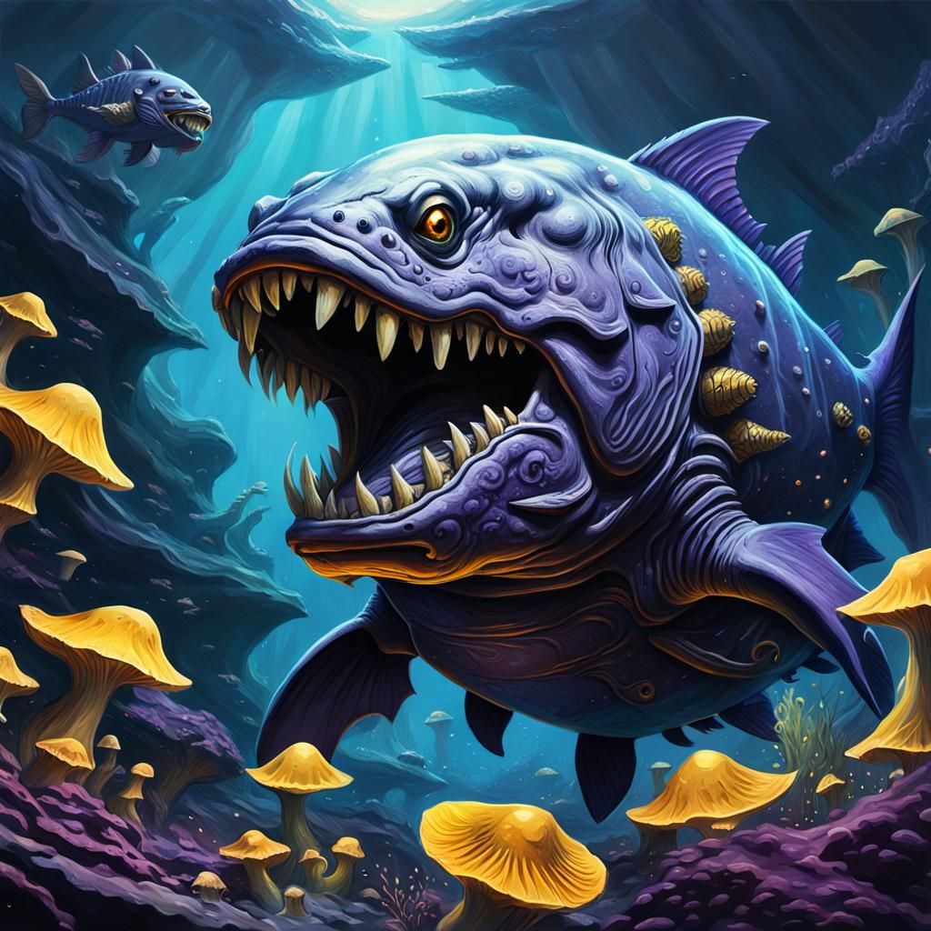 Dunkleosteus with Minigun in Dark Fantasy Style