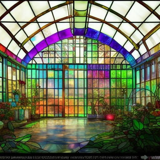 Rainbow Stained Glass Solarpunk Greenhouse Interior