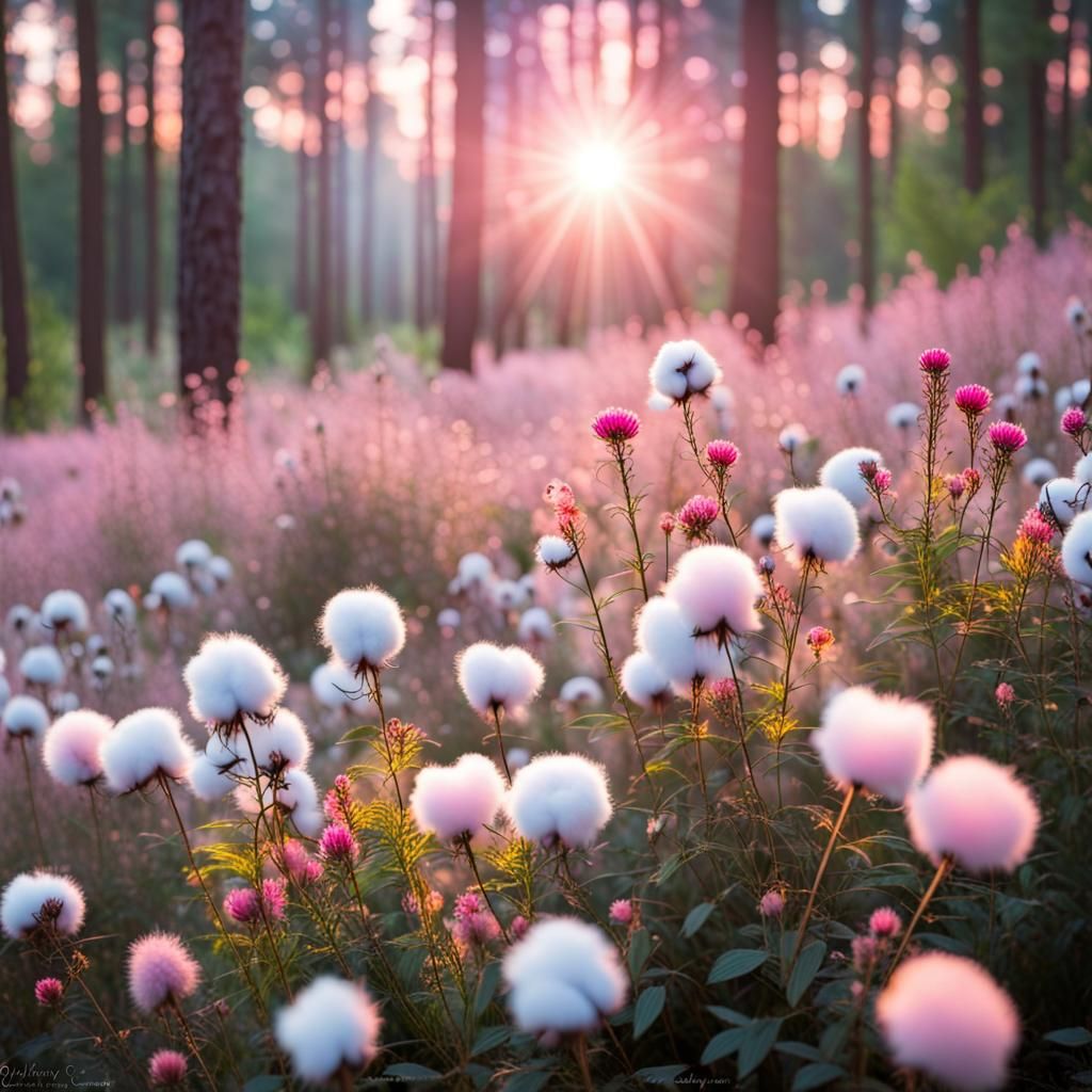 Dreamy Cotton Candy Forest with Wildflowers