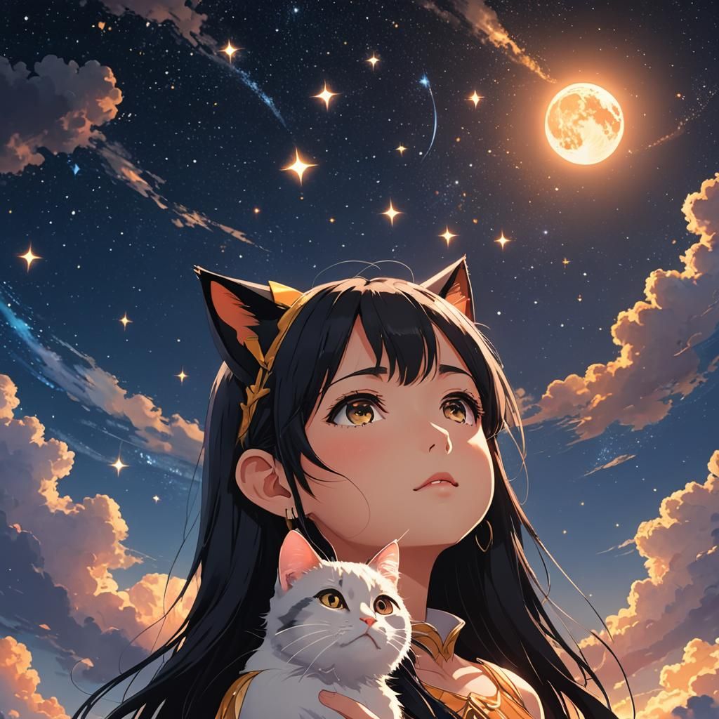 Anime Girl with Cat Ears Stargazing