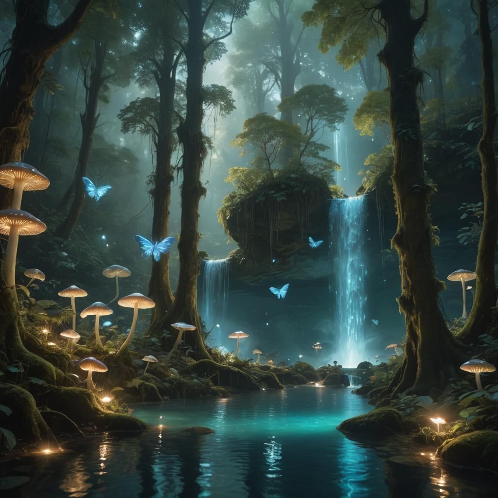 Ethereal Forest: Bioluminescent Mushrooms and Dancing Fairie...