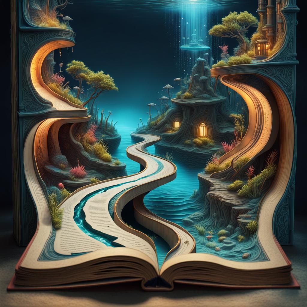Futuristic Underwater Path Inside Antique Book