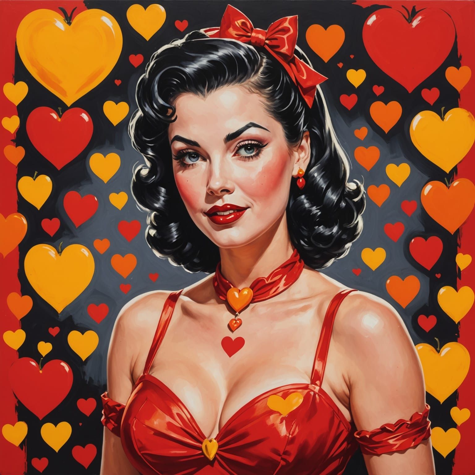 Classic Halloween Pinup Art with Heart Motifs