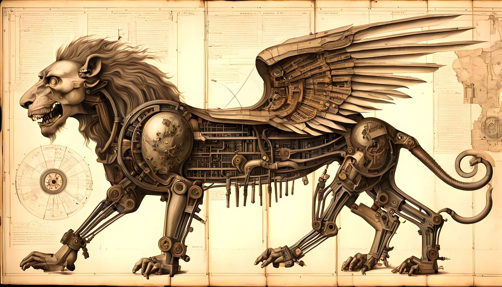 Winged Lion Anatomy: Da Vinci and Giger Fusion