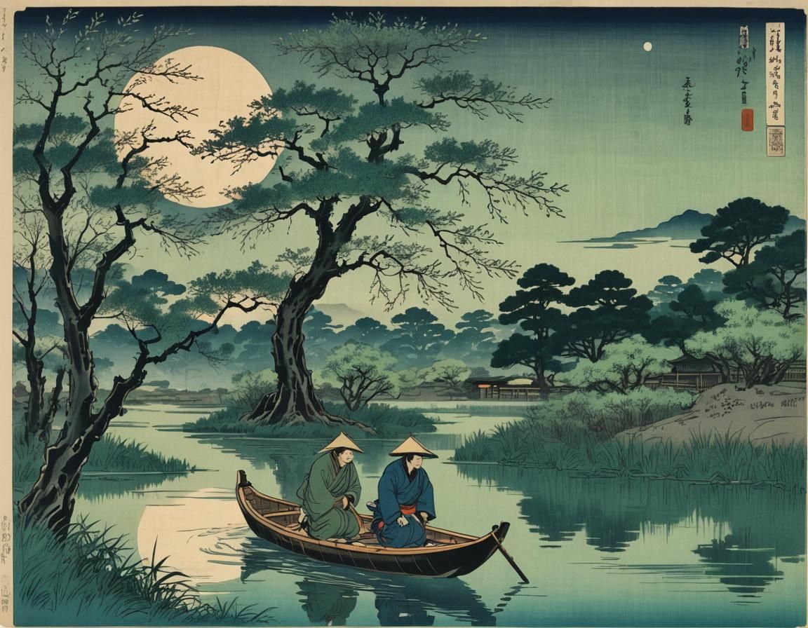 Ukiyo-e Fisherman on River at Dusk