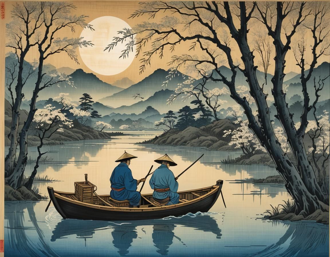 Japanese Fisherman in Boat: Ukiyo-e Woodblock Print
