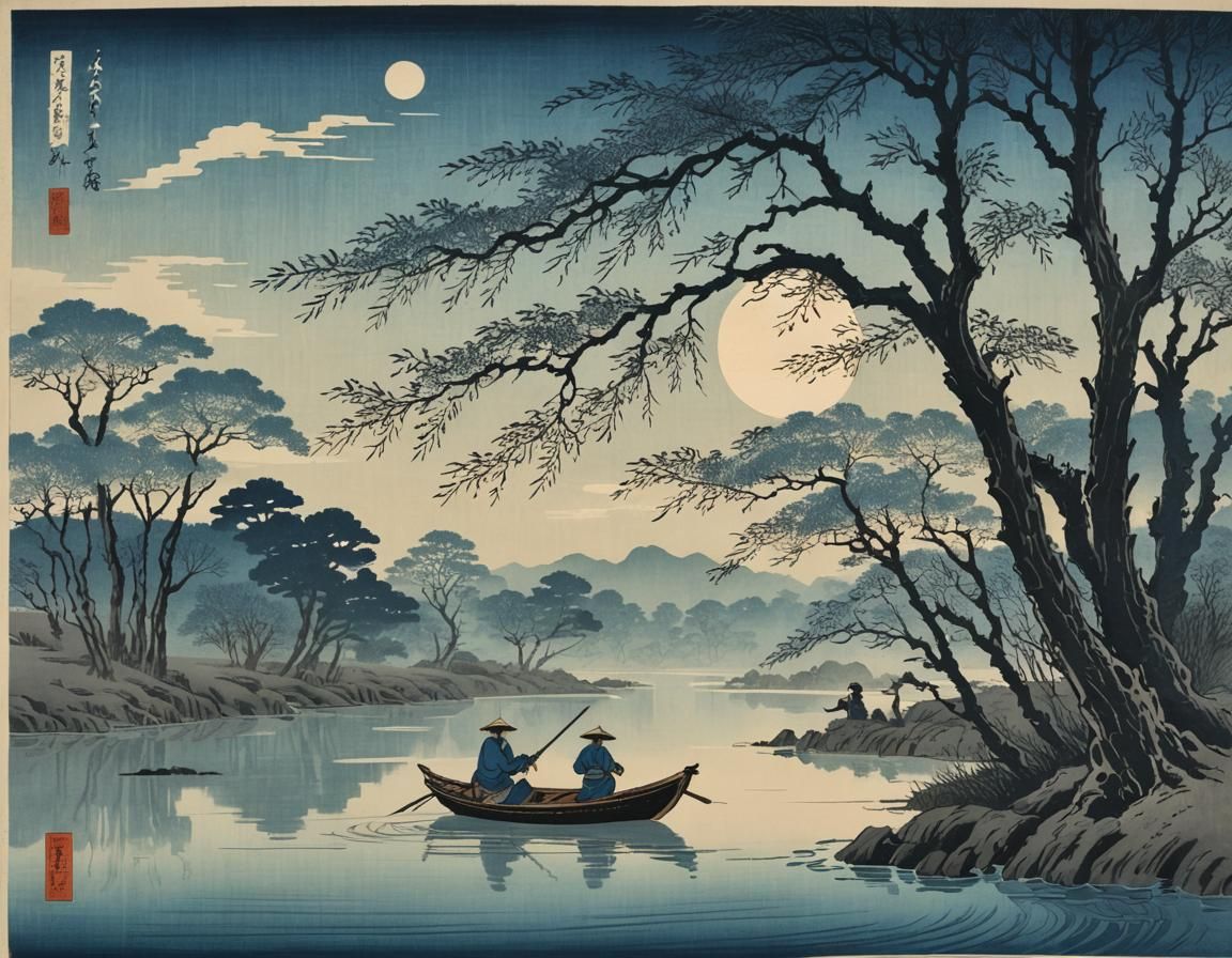 Ukiyo-e Fisherman on River at Dusk