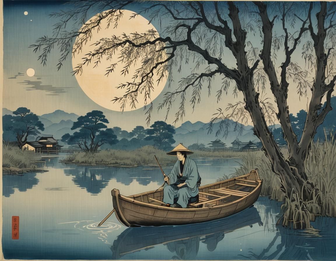 Japanese Fisherman in Boat: Ukiyo-e Style