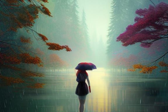 Rainy Dreamscape: Digital Art with Refined Reflections
