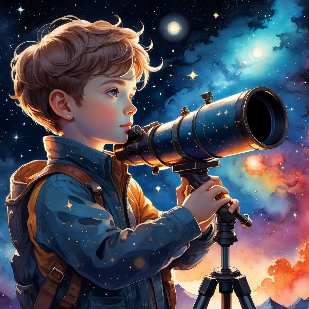 Child Gazing at Cosmic Night Sky Watercolor