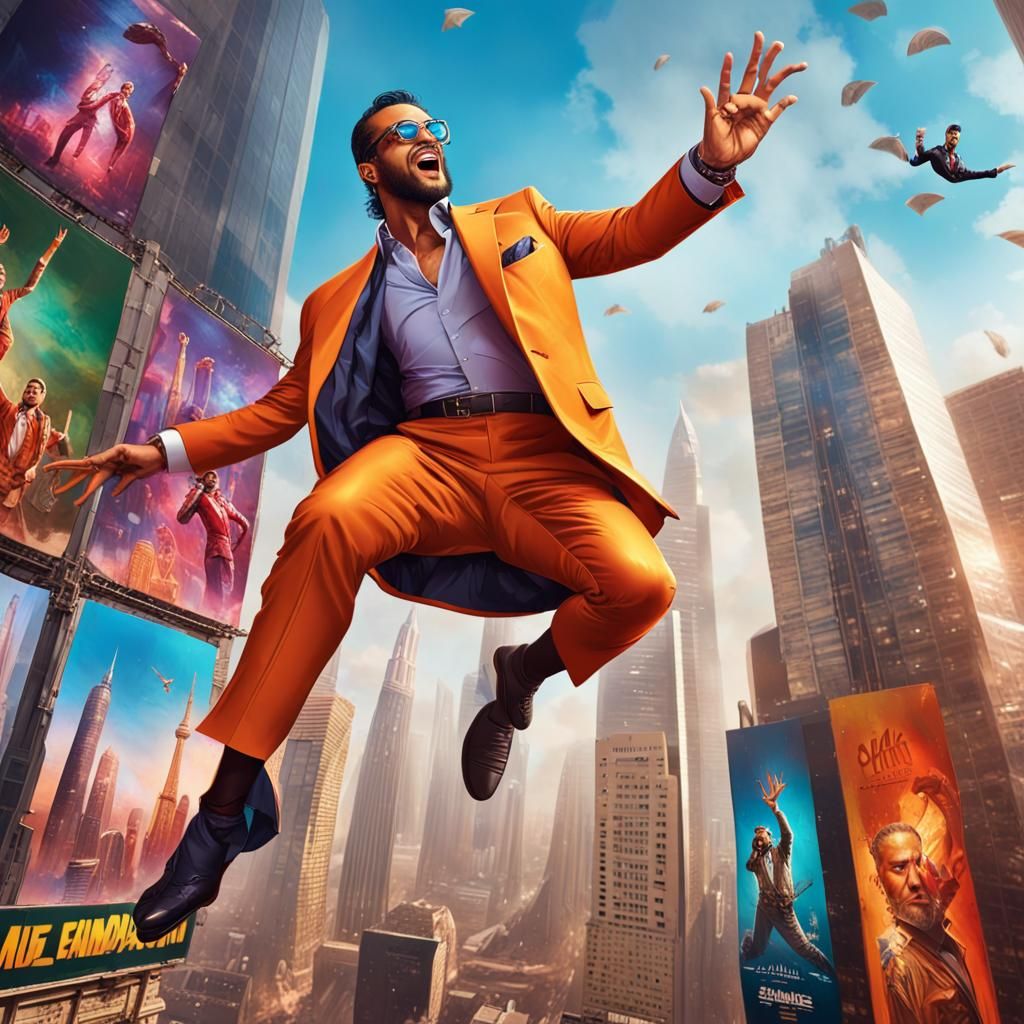 a satirical superhero depiction of Mohamed Ramadan, where he...