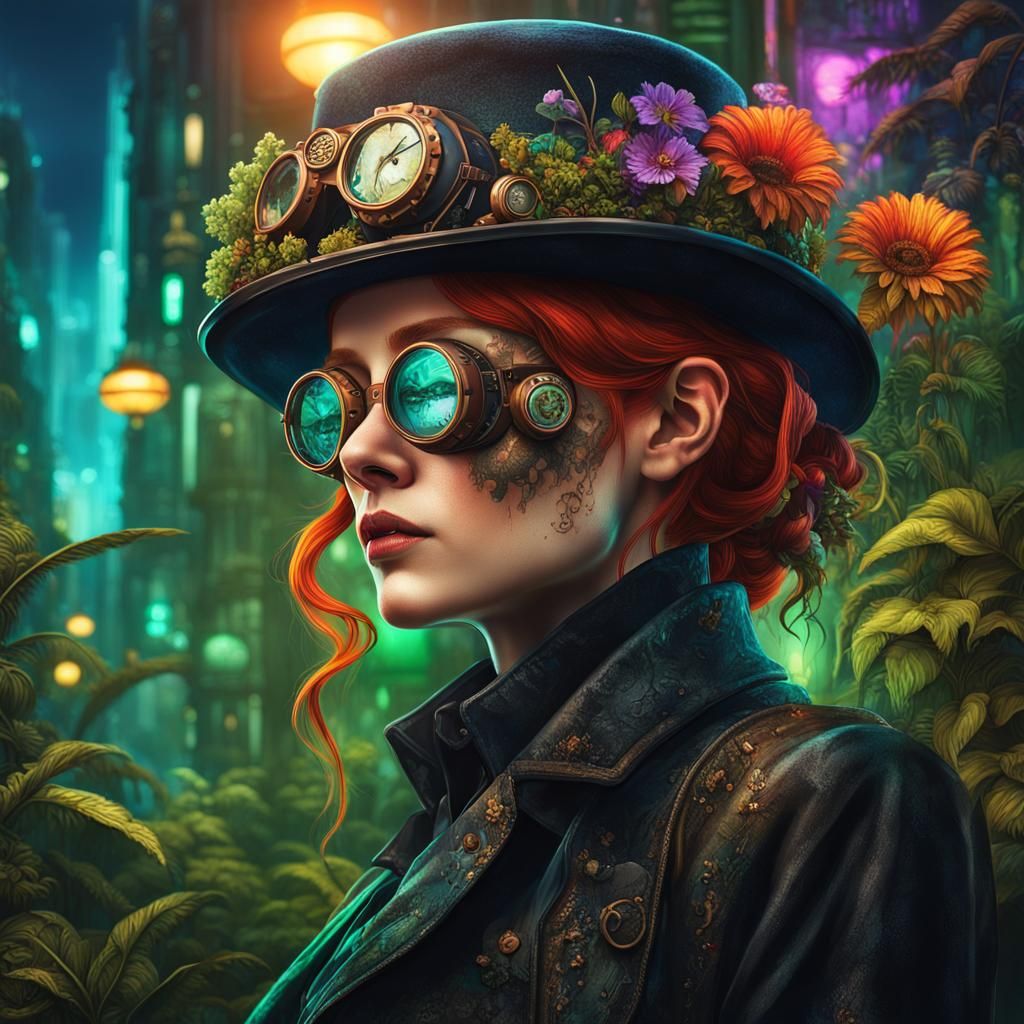 Steampunk Woman in Gothic City with Neon Lights