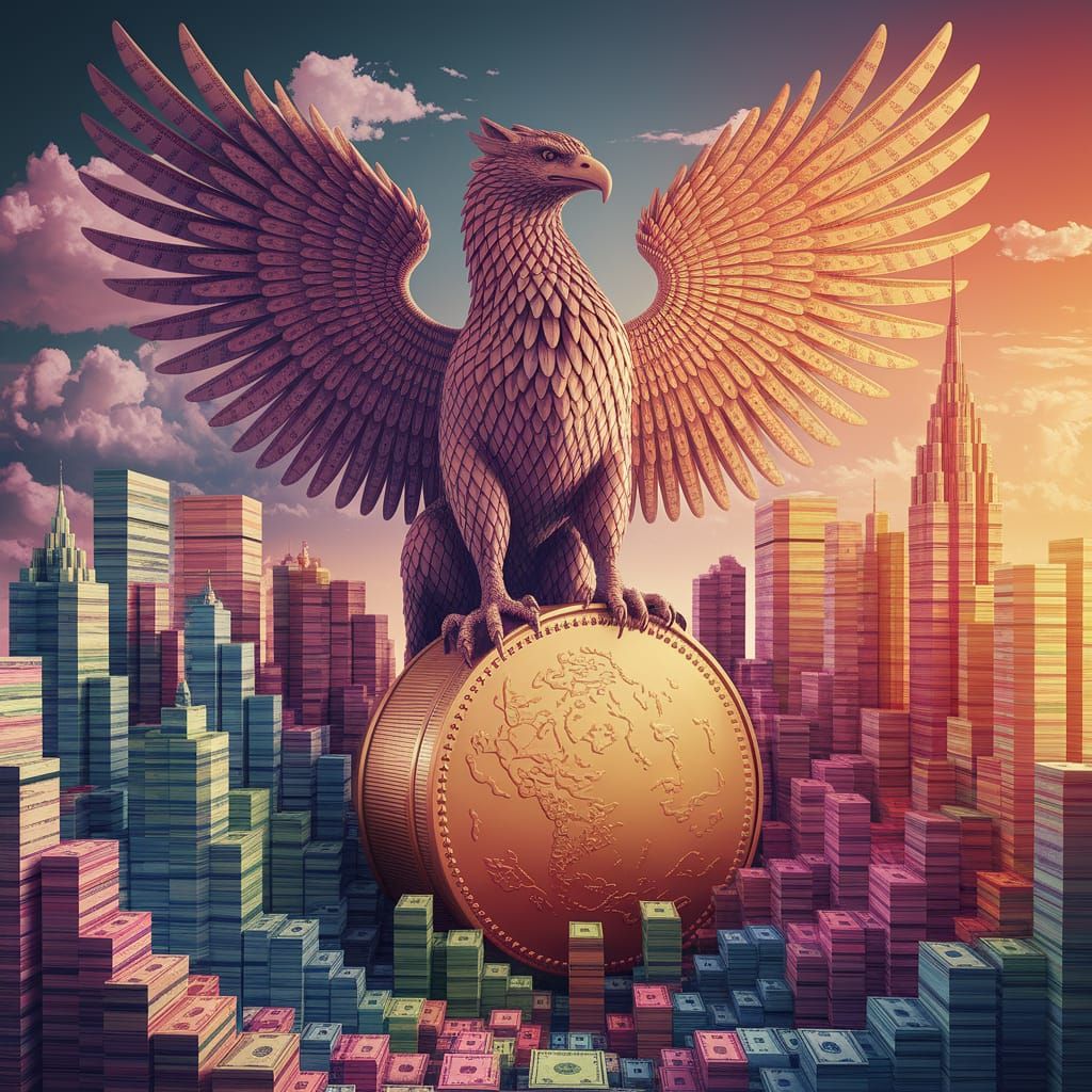 Griffin Crafted from Colorful Money Bills in Airbrush Style