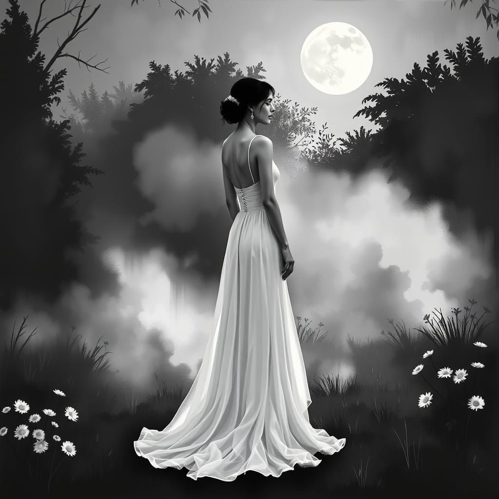 Elegant Woman in Moonlit Garden: Black and White Art