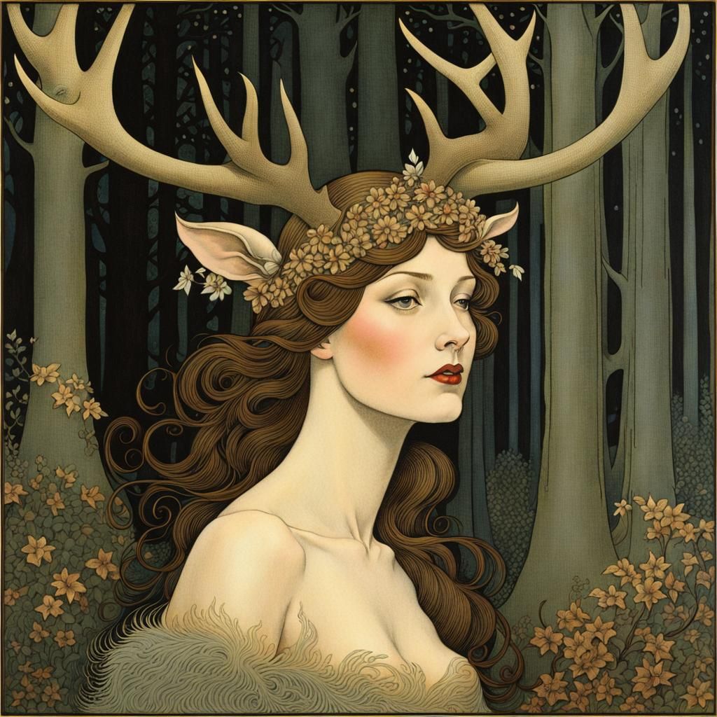 Antlered Woman in Moody Forest: Chiaroscuro Illustration