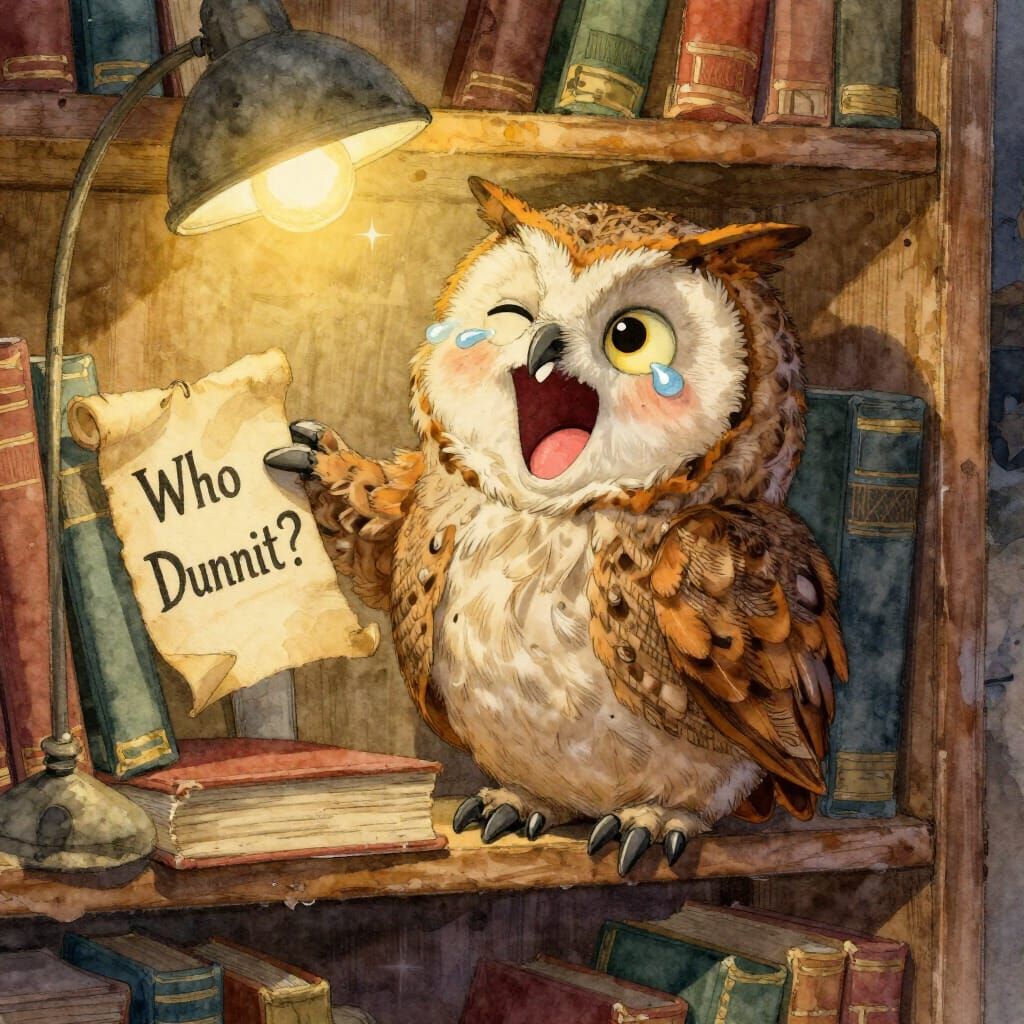 Whimsical Owl Laughs Amidst Ancient Books, Storybook Style