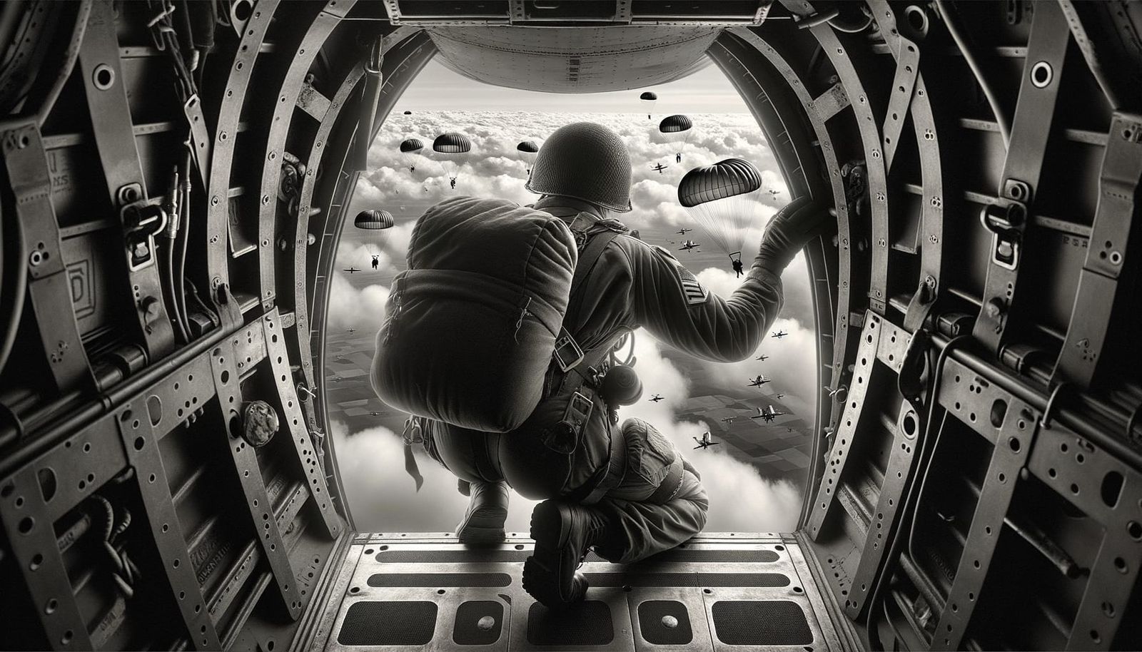 WWII Paratrooper Jump in 1940s Photography Style
