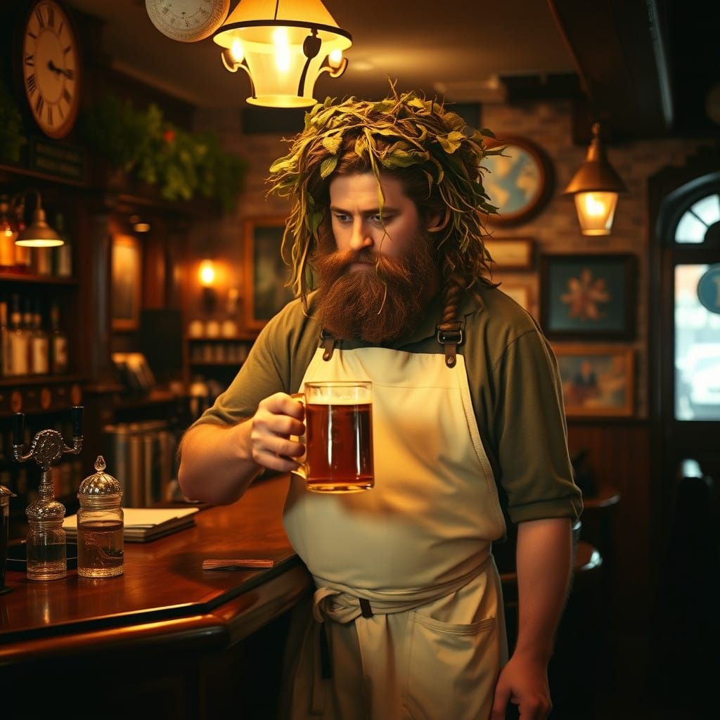 Bacchus, with vines in his hair, working as a barman in an English pub