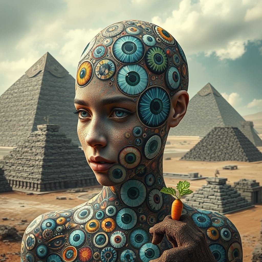 Surreal Futuristic Goddess Blends into Ancient Pyramids