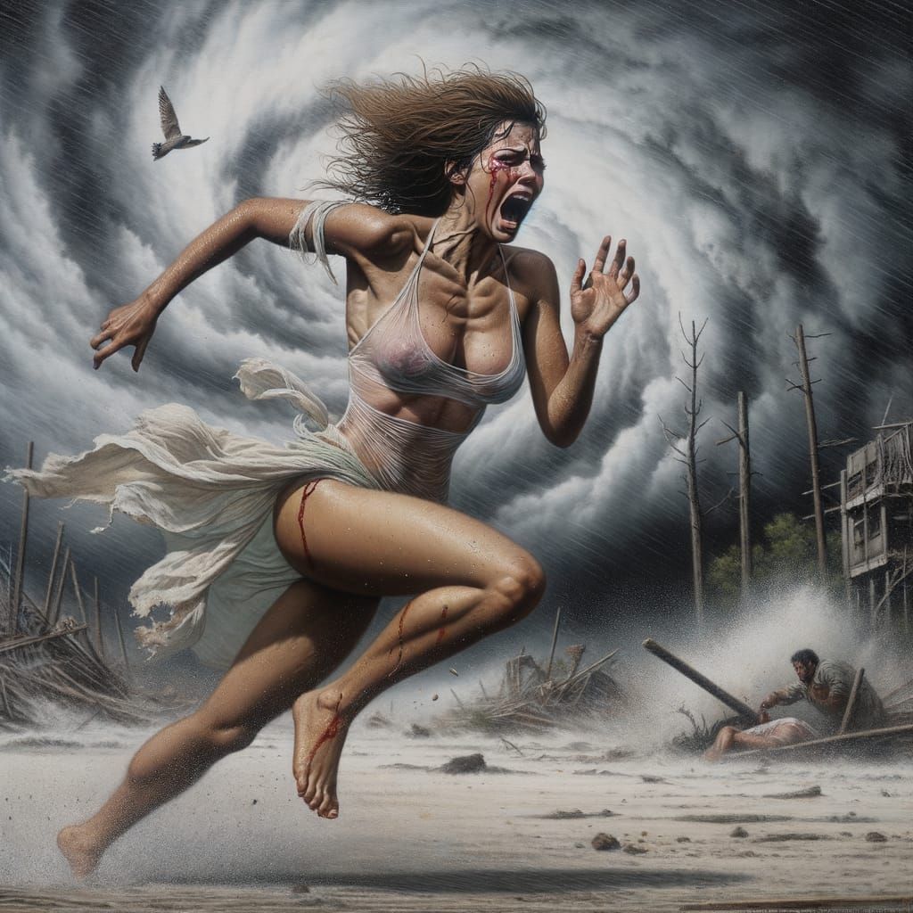 Terrified Girl Running From Hurricane Catastrophe