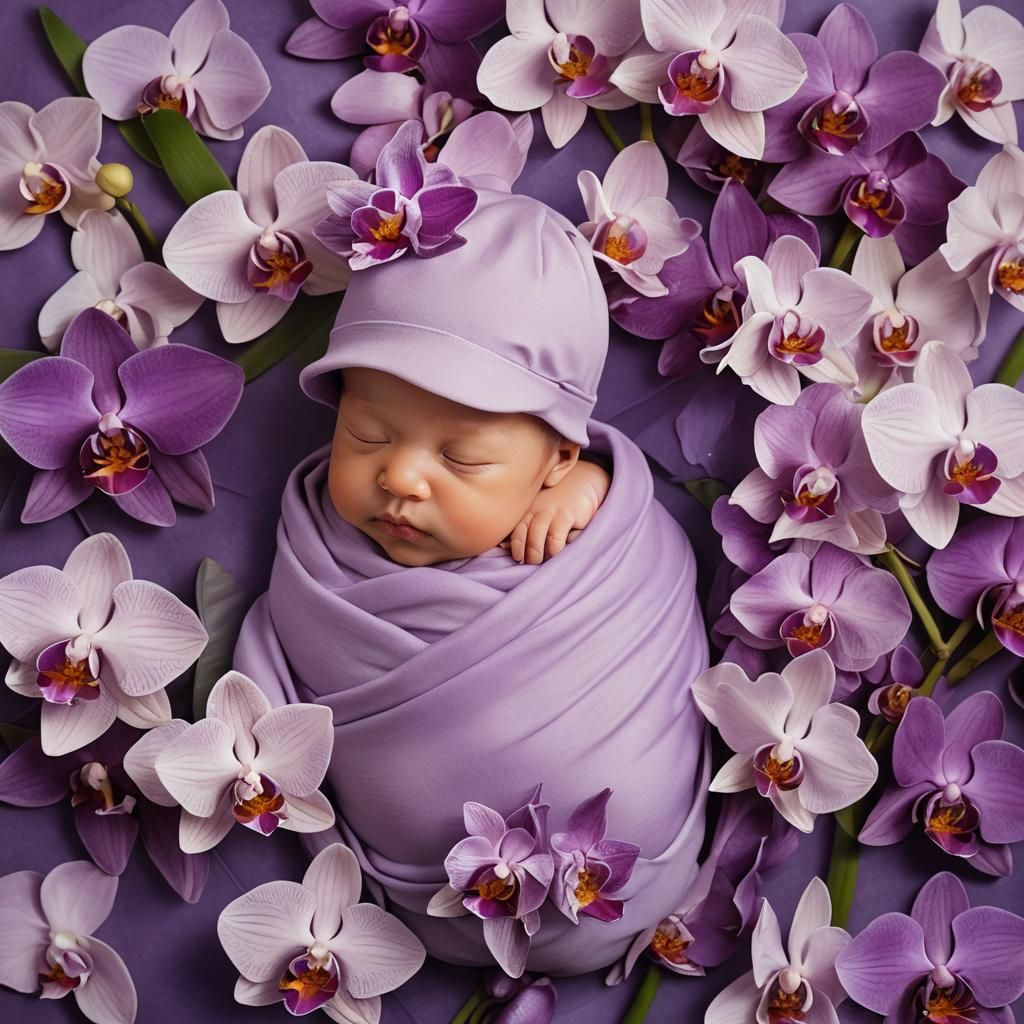 Baby Sleeping in Purple Orchid, Anne Geddes Style