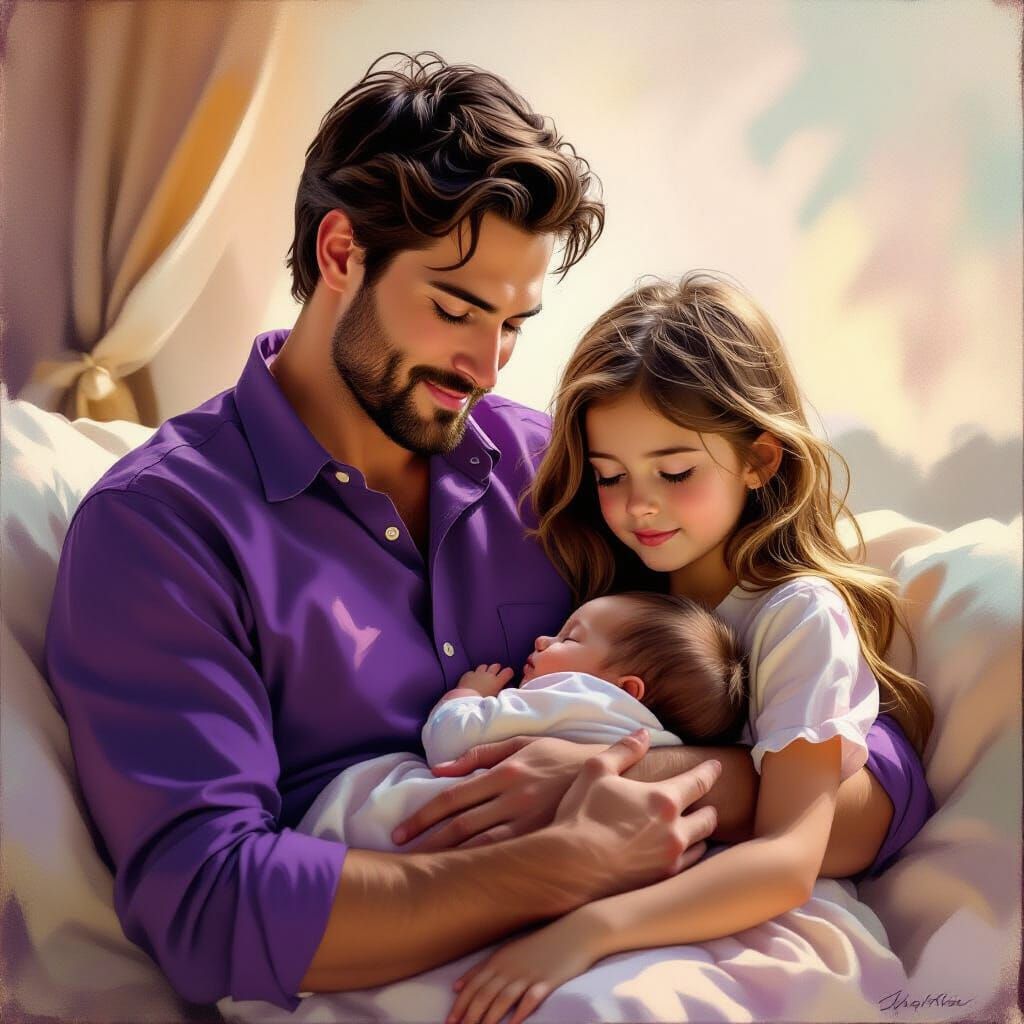 Tender Moment: Man Holds Sleeping Baby Beside Girl