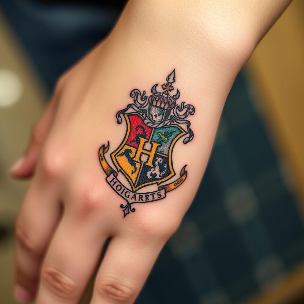 Traditional Tattoo of Hogwarts Crest on Right Hand