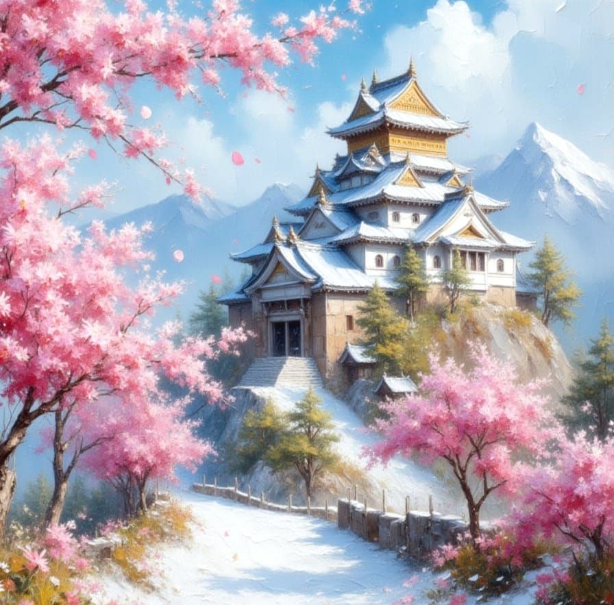 Majestic Japanese Castle in Spring as Impasto Painting