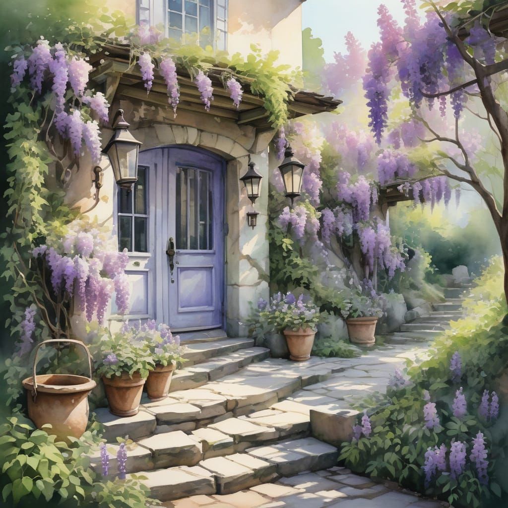 Charming Wisteria Cottage in Watercolor Style