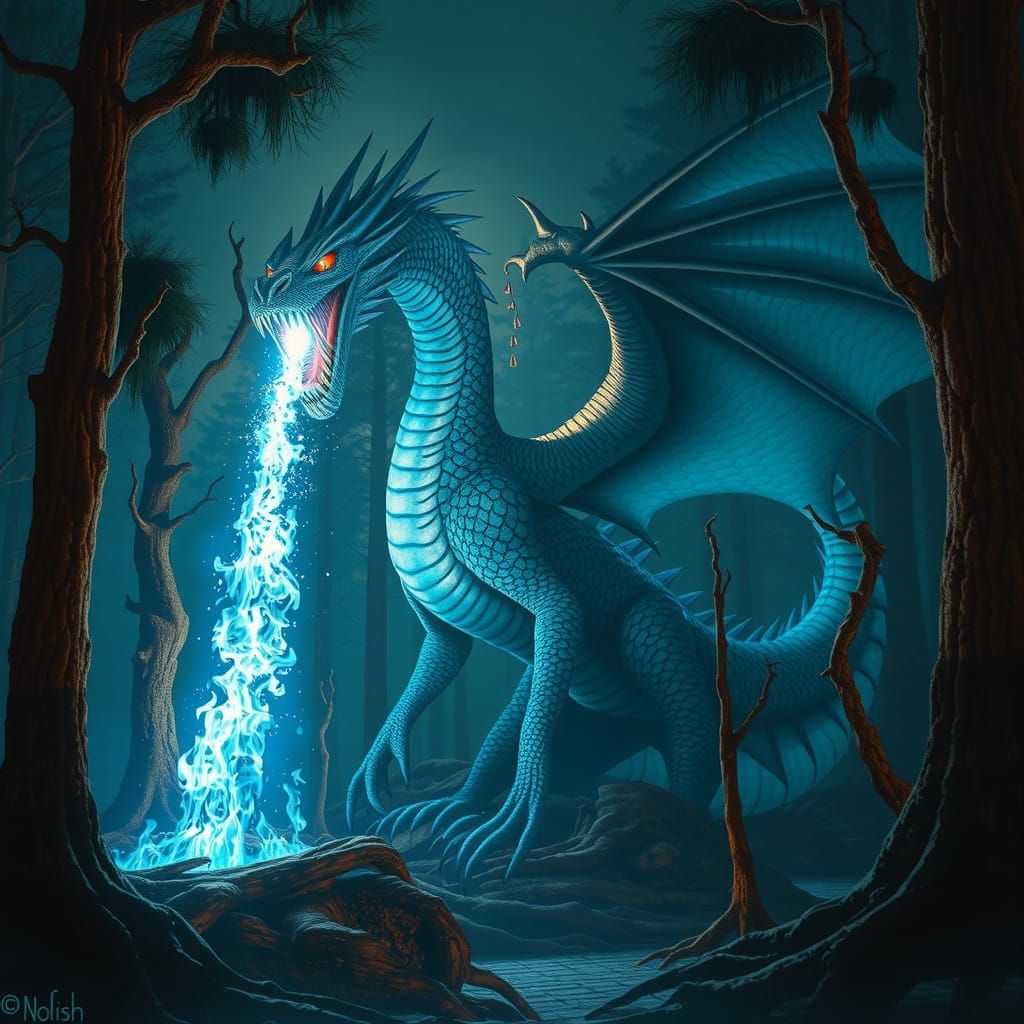 Colossal Dragon Unleashes Vibrant Blue Flames in the Forest