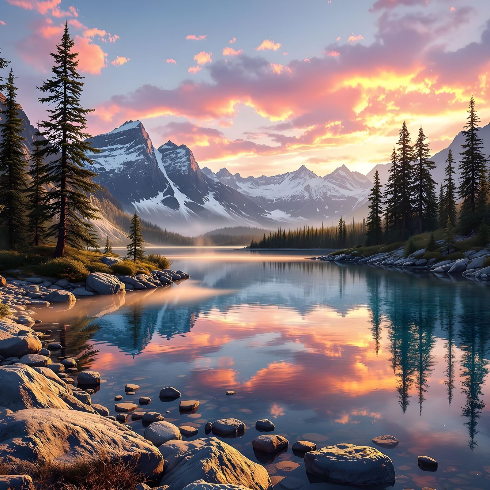 Surreal Mountain Lake at Golden Hour