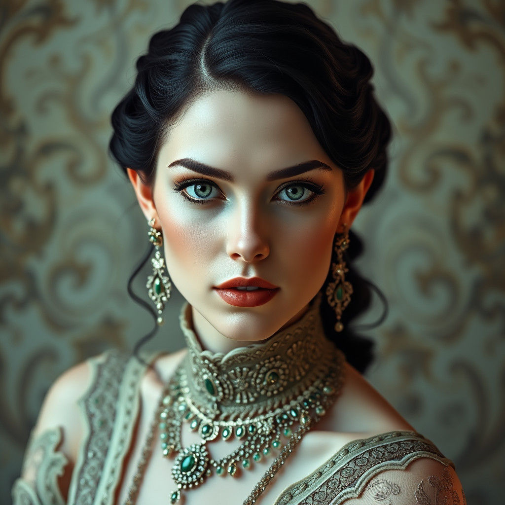 Art Nouveau Portrait of Regal Woman with Emerald Eyes