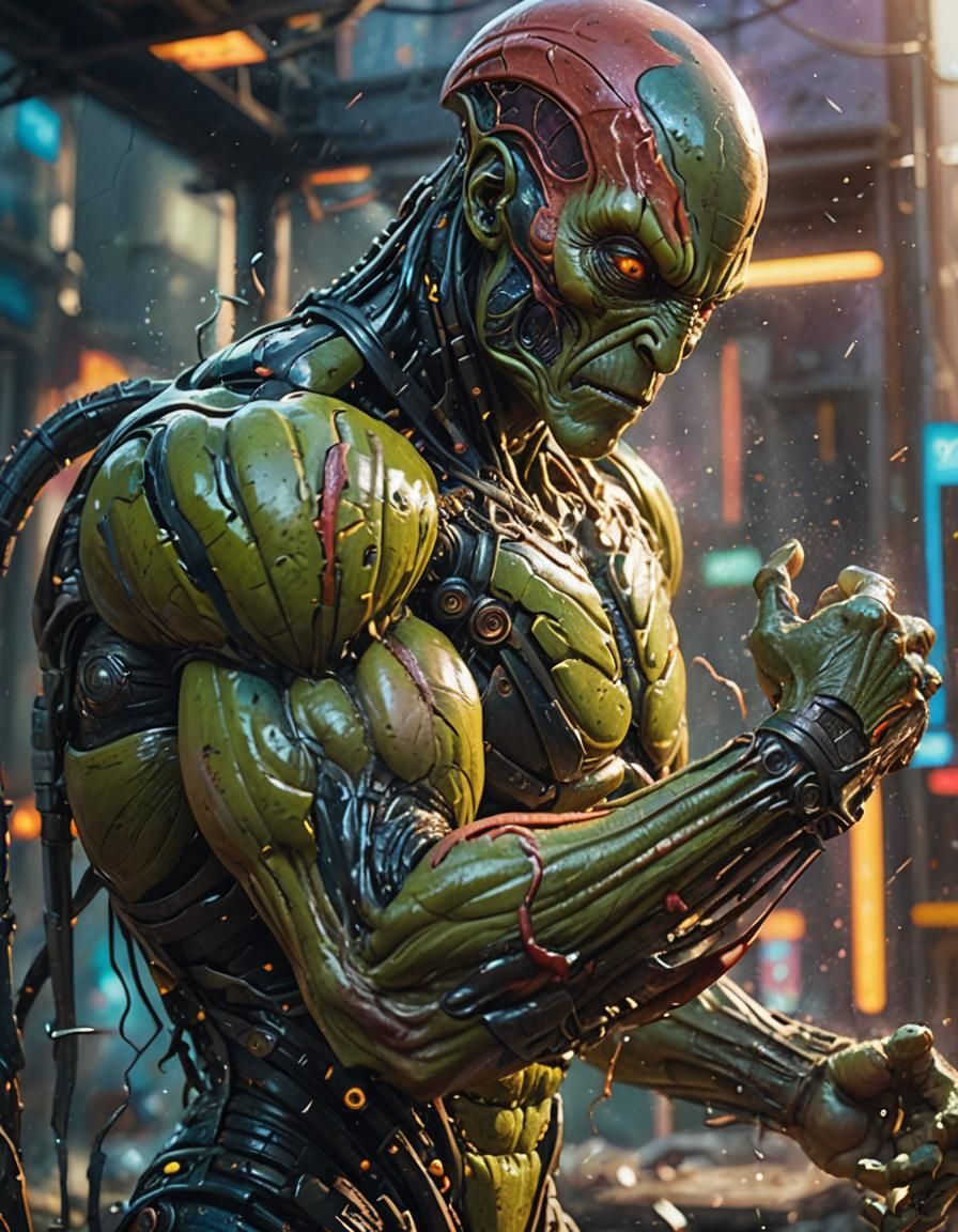 Detailed Muscular Alien in Splash Art Style