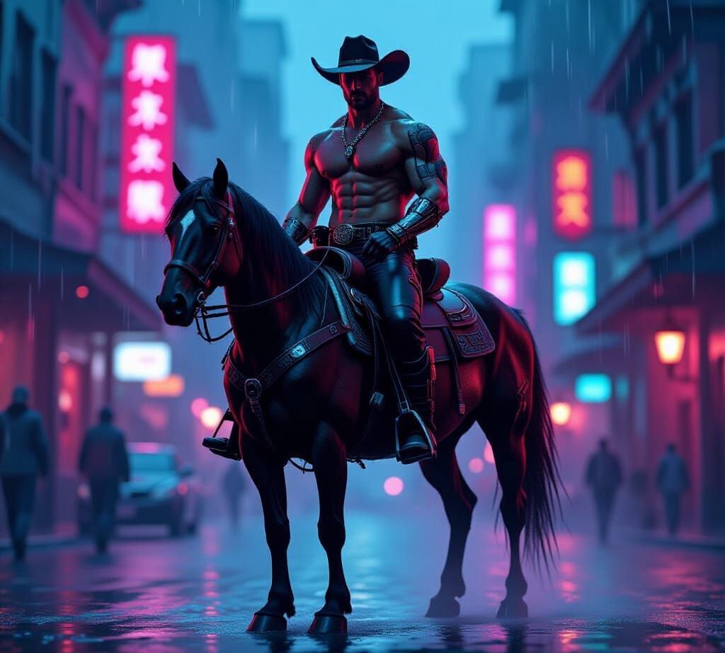 Futuristic Cowboy in Neon Cityscape