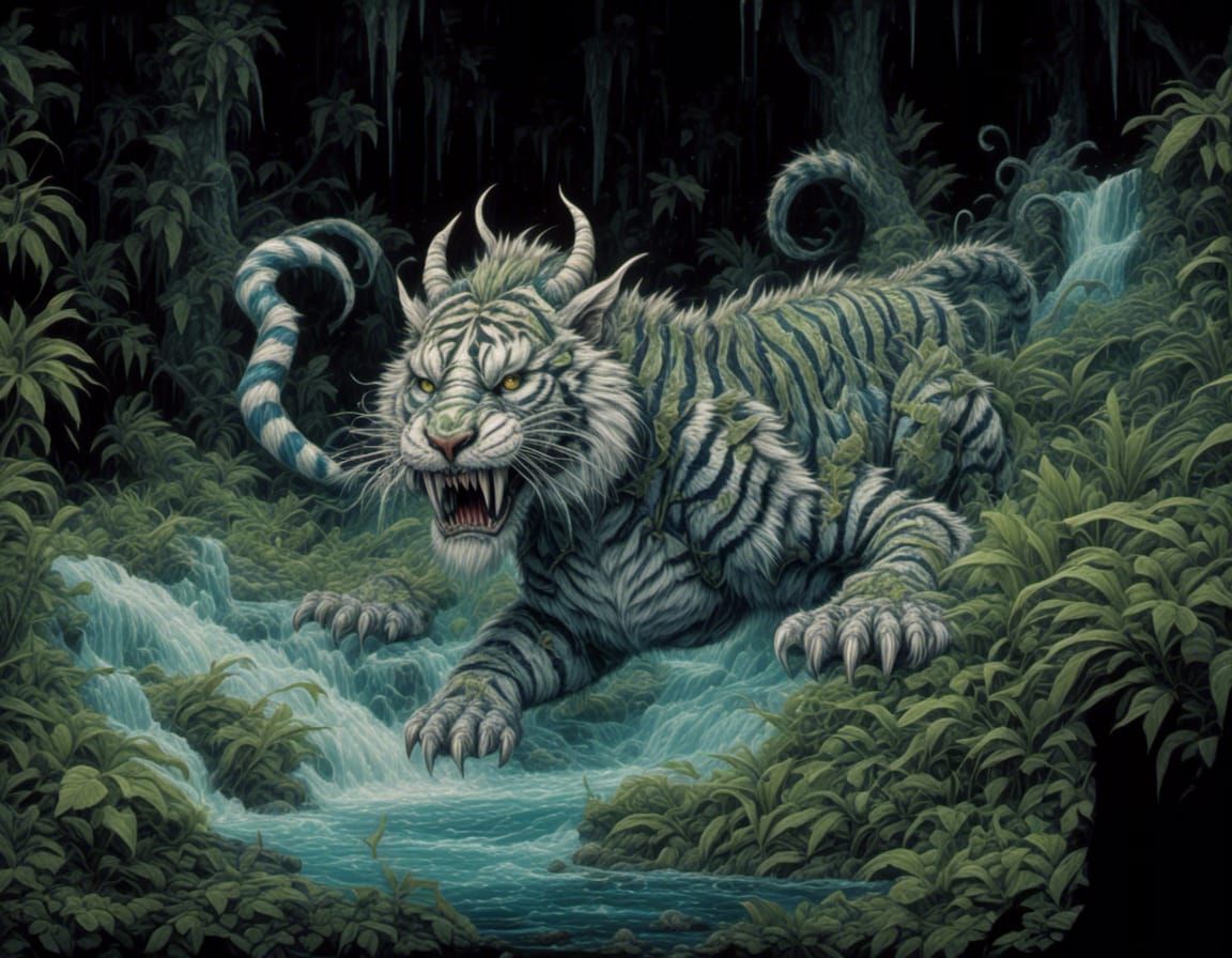 Deadly Sabretooth Tiger in a Tropic Jungle