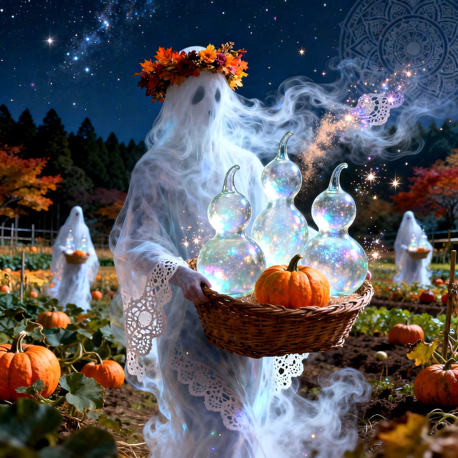 Ghostly Creature Celebrates Harvest in Magical Autumn Forest