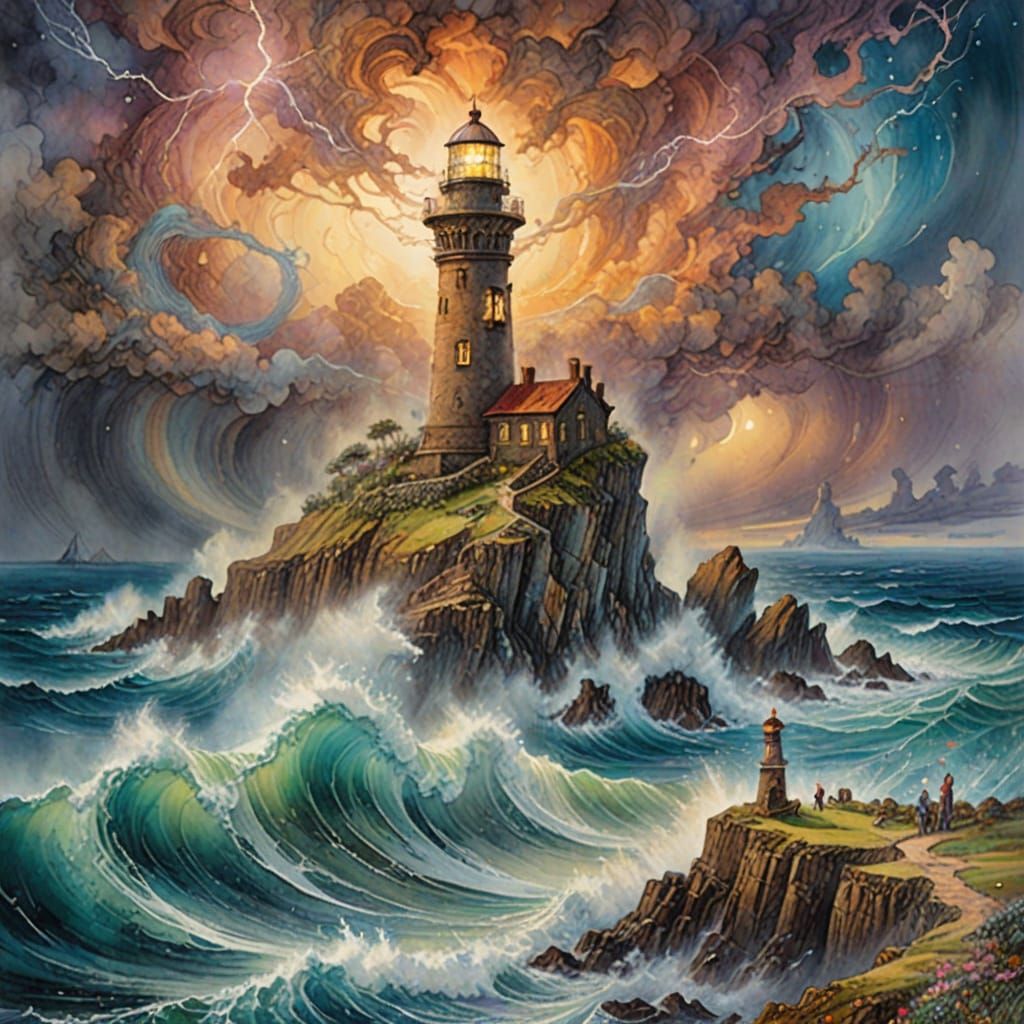 Weathered Lighthouse Defies Stormy Seas in Fine-Tuned Waterc...