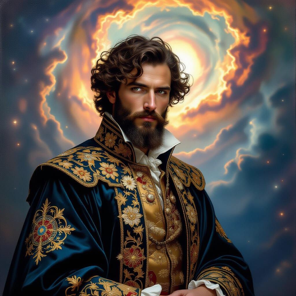 Renaissance Scholar in Nebula, Caravaggio & Mucha Style