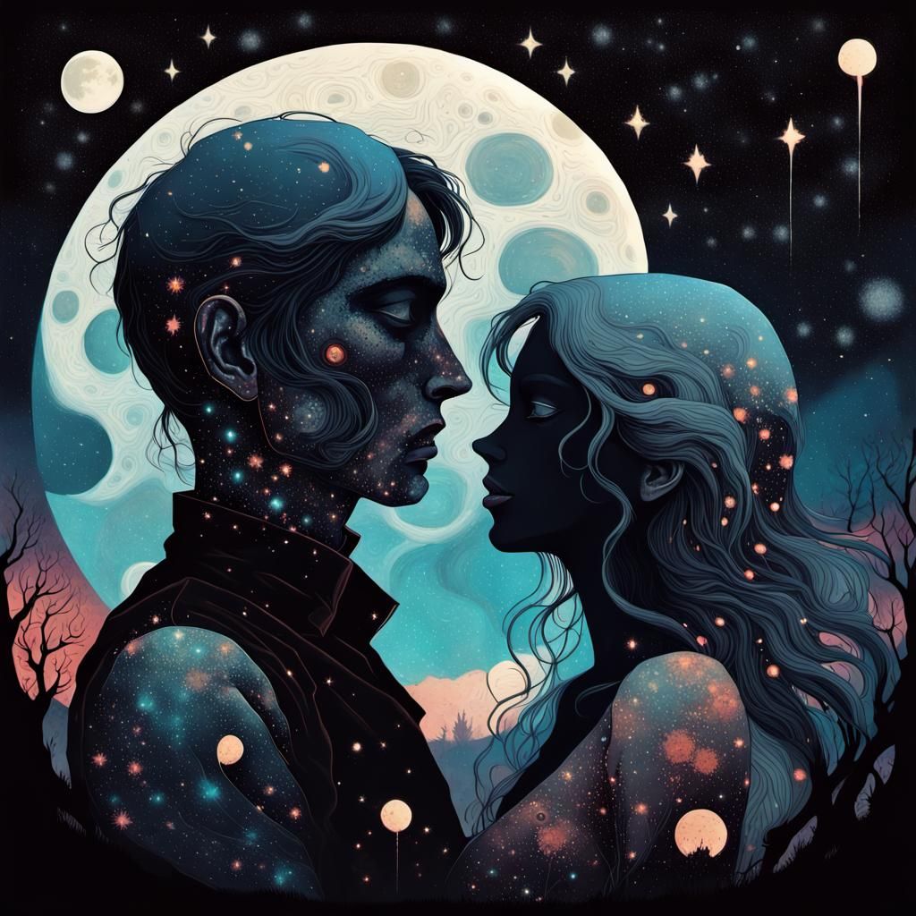 Cosmic Lovers Crying Stars: Macabre Silhouette Art