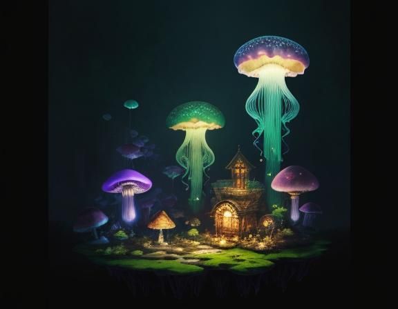 Jellyfish in Toadstool Forest, Beatrix Potter Style