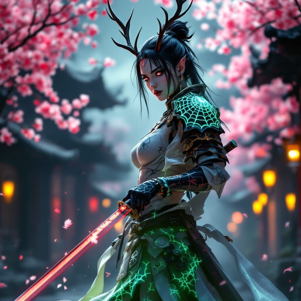 Goth Samurai Goddess in Heavy White Dragon Armor, Cherry Blo...