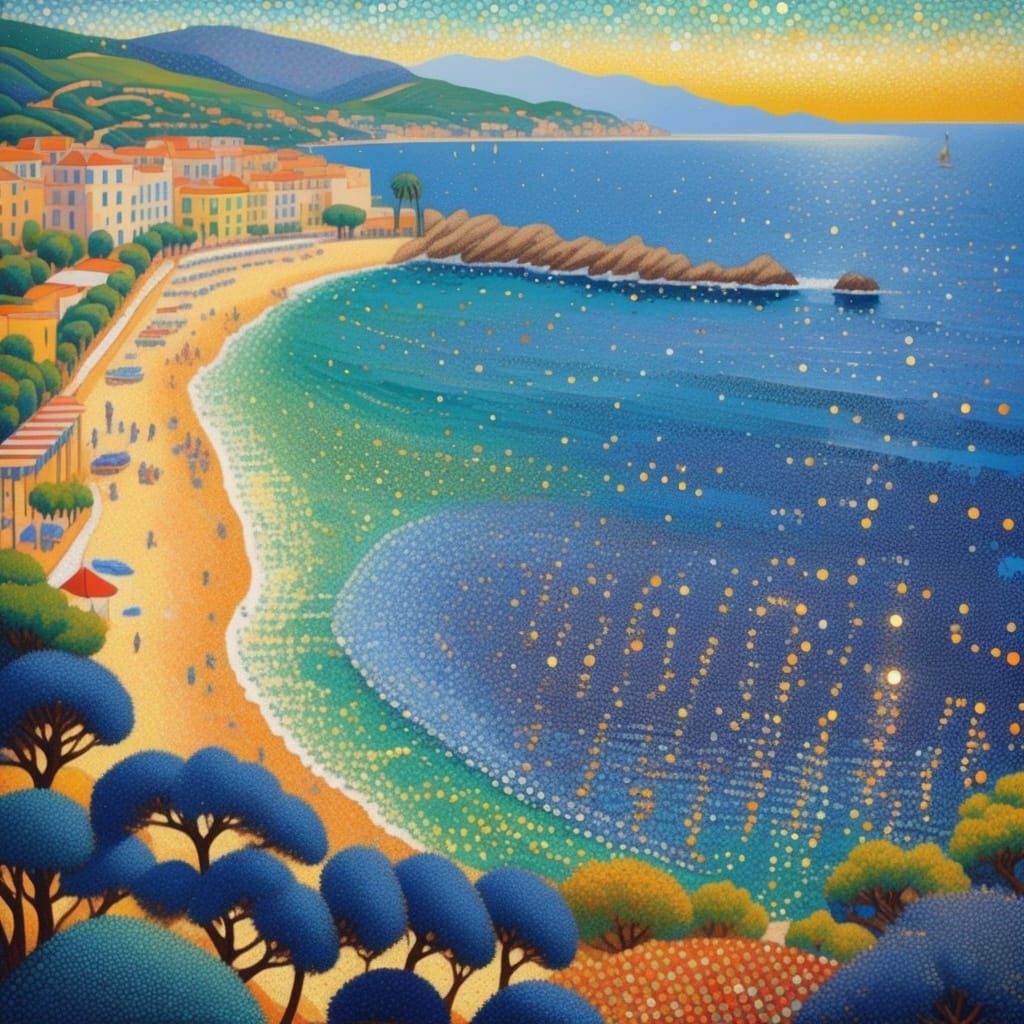 Sparkling Mediterranean Coastline in Pointillist Style